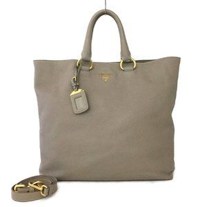 147304E V Prada Shoulder Bag Logo Plate Beige Leather 2way